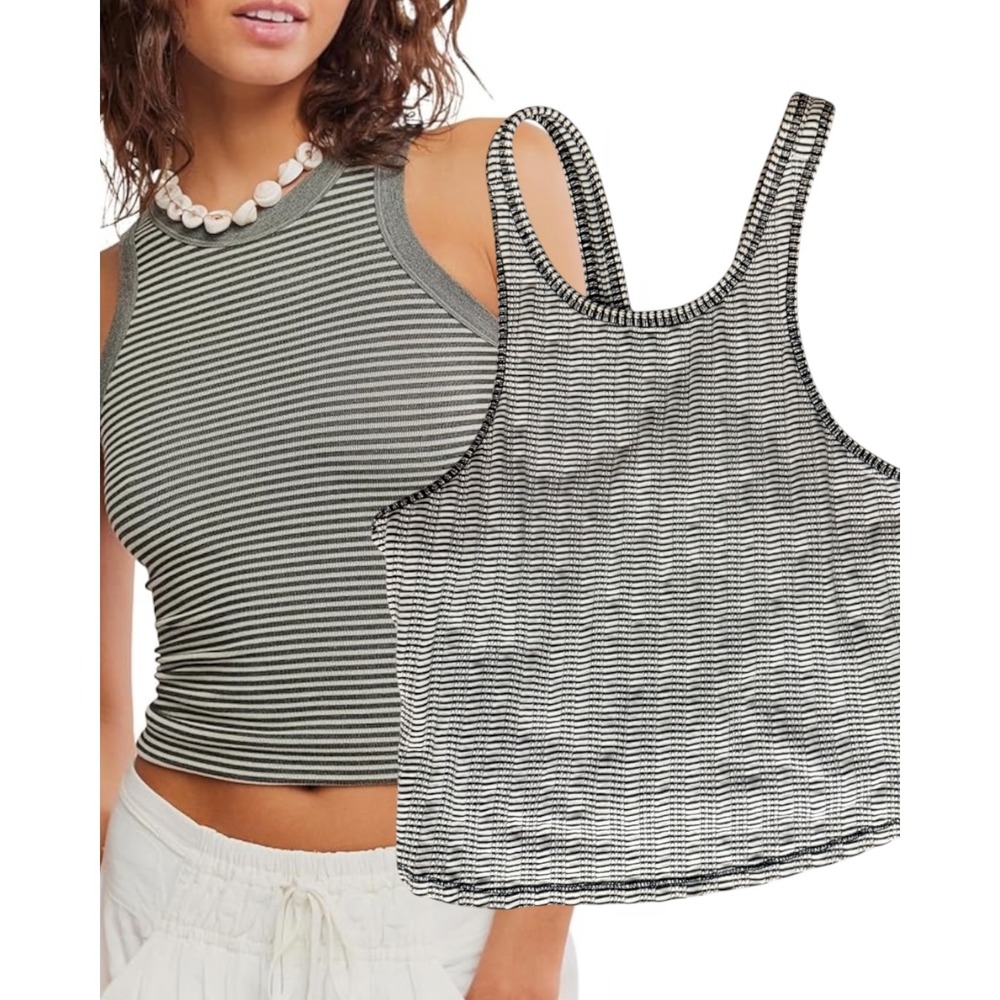 We The Free Tank Top Mia Rib Stripe Black White Large